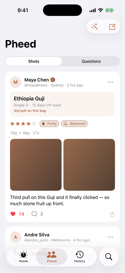 The Pheed: a post by Maya Chen sharing her third pull on an Ethiopia Guji with four stars